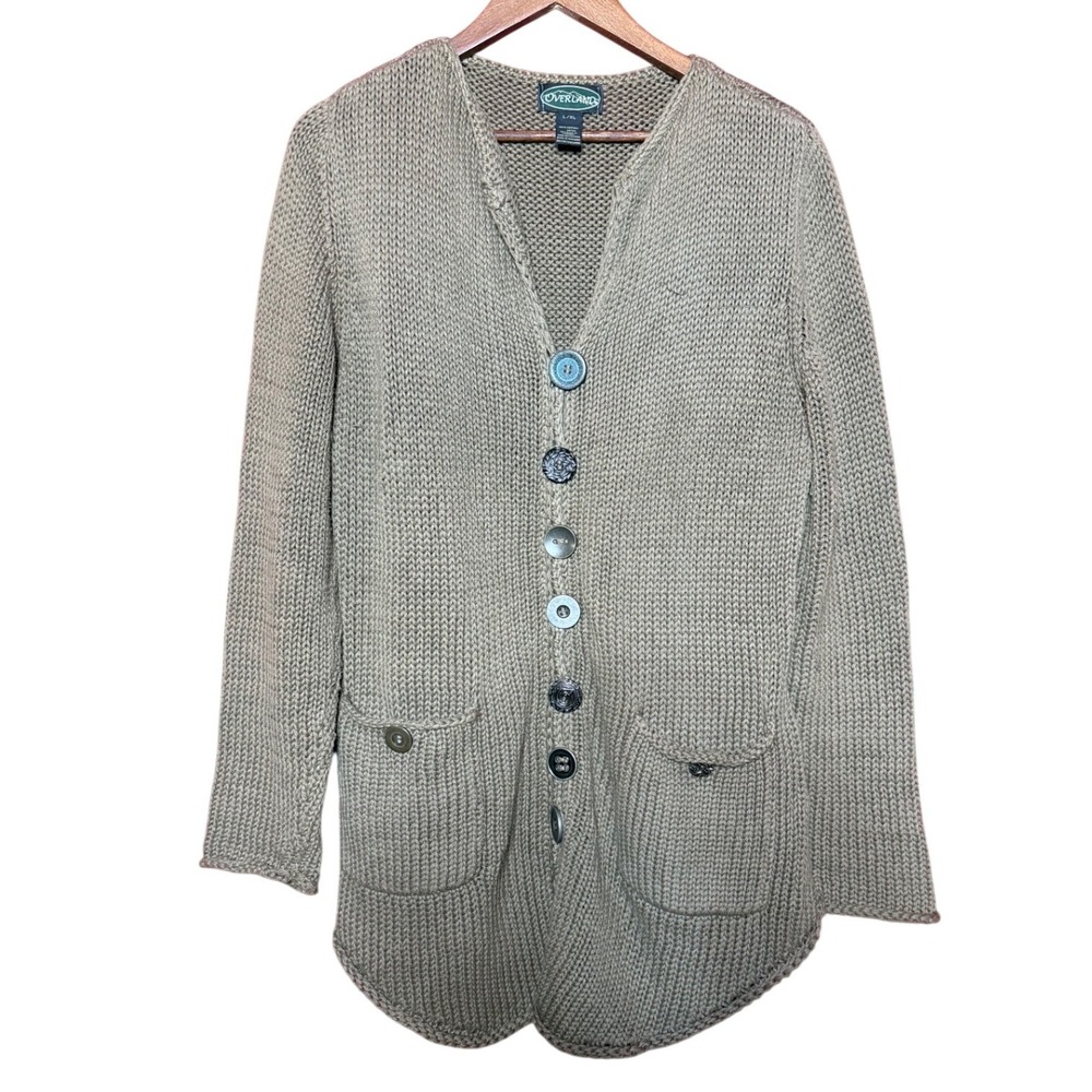 Overland Women‎ L/XL Taupe Brown 100% Cotton Chunky Knit Multi Button Cardigan